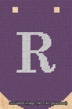 A simulated image of the stitched needlepoint design: Banner 13m Curved R White on Purple. Not A.I. generated.