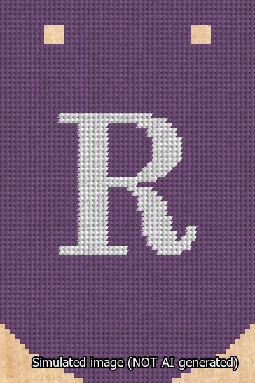 A simulated image of the stitched needlepoint design: Banner 13m Curved R White on Purple. Not A.I. generated.