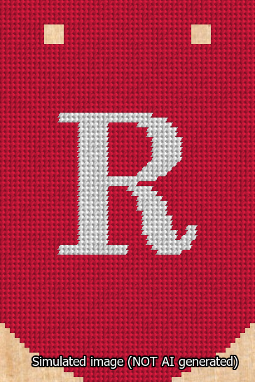 A simulated image of the stitched needlepoint design: Banner 13m Curved R White on Red. Not A.I. generated.