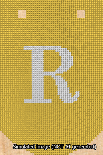 A simulated image of the stitched needlepoint design: Banner 13m Curved R White on Yellow. Not A.I. generated.