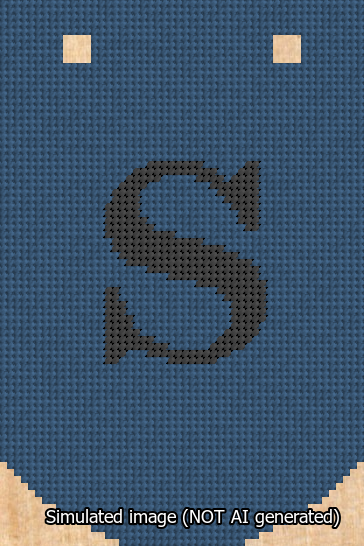 A simulated image of the stitched needlepoint design: Banner 13m Curved S Black on Blue. Not A.I. generated.