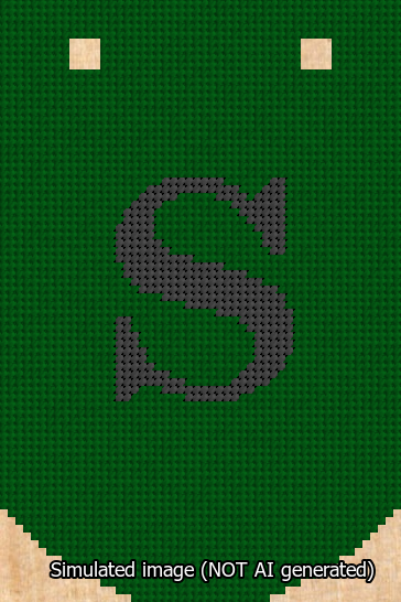 A simulated image of the stitched needlepoint design: Banner 13m Curved S Black on Green. Not A.I. generated.
