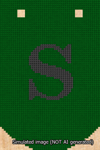 A simulated image of the stitched needlepoint design: Banner 13m Curved S Black on Green. Not A.I. generated.
