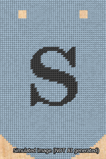 A simulated image of the stitched needlepoint design: Banner 13m Curved S Black on Light Blue. Not A.I. generated.