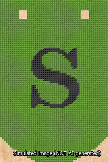 A simulated image of the stitched needlepoint design: Banner 13m Curved S Black on Light Green. Not A.I. generated.