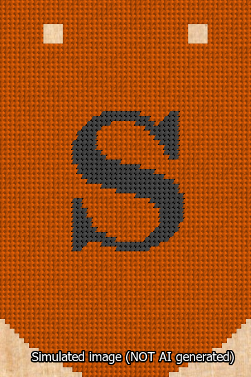 A simulated image of the stitched needlepoint design: Banner 13m Curved S Black on Orange. Not A.I. generated.