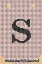 A simulated image of the stitched needlepoint design: Banner 13m Curved S Black on Pink. Not A.I. generated.