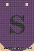 A simulated image of the stitched needlepoint design: Banner 13m Curved S Black on Purple. Not A.I. generated.