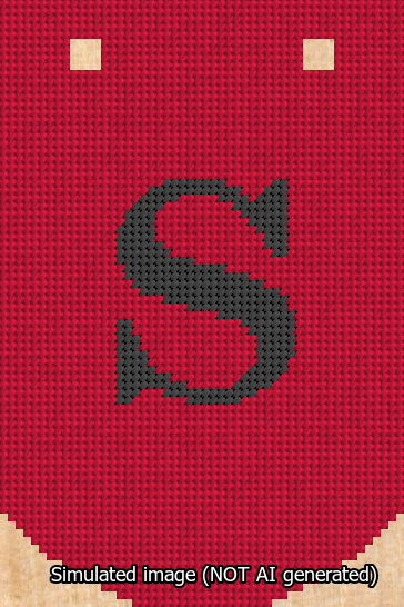 A simulated image of the stitched needlepoint design: Banner 13m Curved S Black on Red. Not A.I. generated.