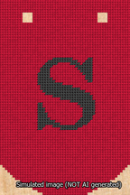 A simulated image of the stitched needlepoint design: Banner 13m Curved S Black on Red. Not A.I. generated.
