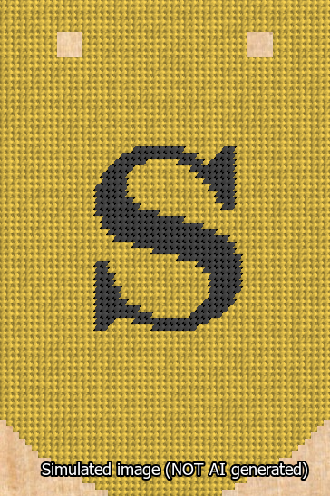 A simulated image of the stitched needlepoint design: Banner 13m Curved S Black on Yellow. Not A.I. generated.