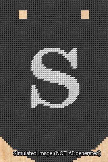 A simulated image of the stitched needlepoint design: Banner 13m Curved S White on Black. Not A.I. generated.