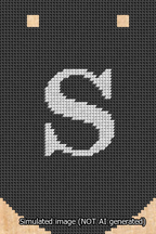 A simulated image of the stitched needlepoint design: Banner 13m Curved S White on Black. Not A.I. generated.