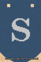 A simulated image of the stitched needlepoint design: Banner 13m Curved S White on Blue. Not A.I. generated.