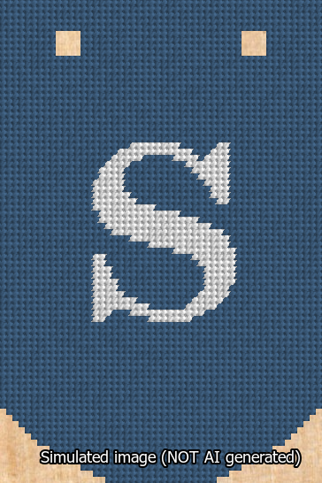 A simulated image of the stitched needlepoint design: Banner 13m Curved S White on Blue. Not A.I. generated.