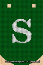 A simulated image of the stitched needlepoint design: Banner 13m Curved S White on Green. Not A.I. generated.