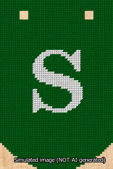 A simulated image of the stitched needlepoint design: Banner 13m Curved S White on Green. Not A.I. generated.