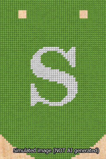 A simulated image of the stitched needlepoint design: Banner 13m Curved S White on Light Green. Not A.I. generated.