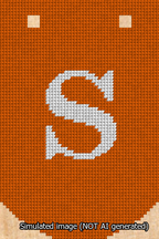 A simulated image of the stitched needlepoint design: Banner 13m Curved S White on Orange. Not A.I. generated.