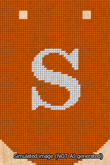 A simulated image of the stitched needlepoint design: Banner 13m Curved S White on Orange. Not A.I. generated.