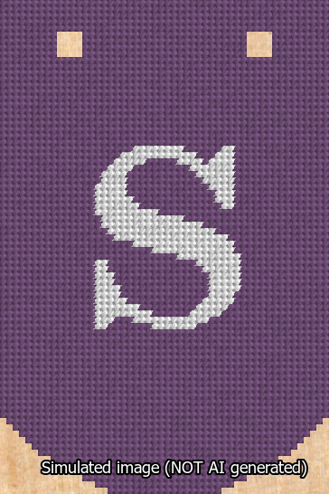 A simulated image of the stitched needlepoint design: Banner 13m Curved S White on Purple. Not A.I. generated.