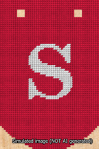 A simulated image of the stitched needlepoint design: Banner 13m Curved S White on Red. Not A.I. generated.