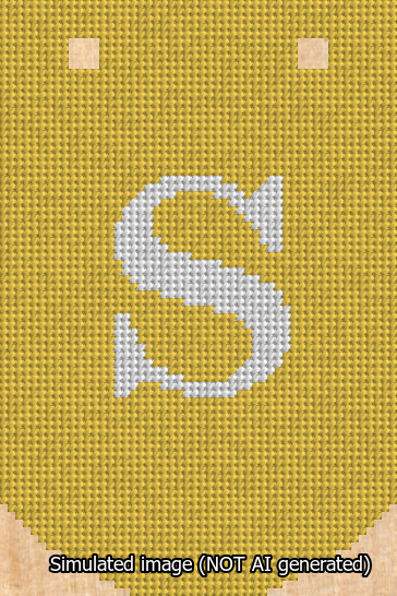 A simulated image of the stitched needlepoint design: Banner 13m Curved S White on Yellow. Not A.I. generated.