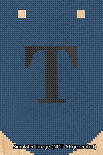 A simulated image of the stitched needlepoint design: Banner 13m Curved T Black on Blue. Not A.I. generated.