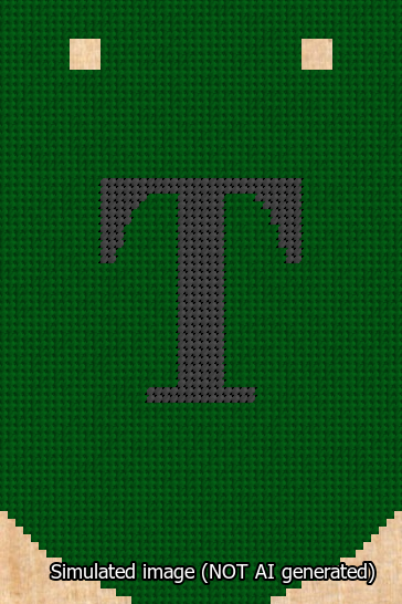 A simulated image of the stitched needlepoint design: Banner 13m Curved T Black on Green. Not A.I. generated.