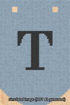 A simulated image of the stitched needlepoint design: Banner 13m Curved T Black on Light Blue. Not A.I. generated.