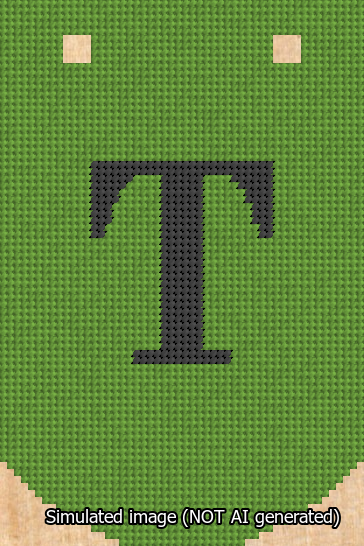 A simulated image of the stitched needlepoint design: Banner 13m Curved T Black on Light Green. Not A.I. generated.
