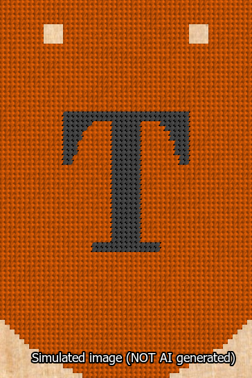 A simulated image of the stitched needlepoint design: Banner 13m Curved T Black on Orange. Not A.I. generated.