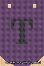 A simulated image of the stitched needlepoint design: Banner 13m Curved T Black on Purple. Not A.I. generated.