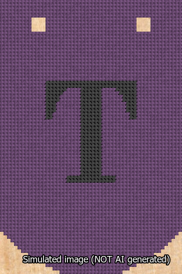 A simulated image of the stitched needlepoint design: Banner 13m Curved T Black on Purple. Not A.I. generated.