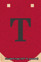 A simulated image of the stitched needlepoint design: Banner 13m Curved T Black on Red. Not A.I. generated.
