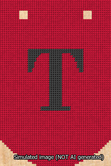 A simulated image of the stitched needlepoint design: Banner 13m Curved T Black on Red. Not A.I. generated.