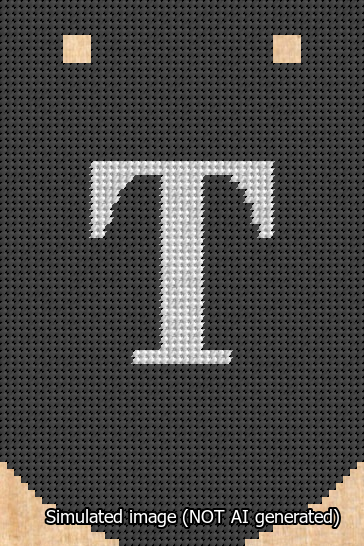 A simulated image of the stitched needlepoint design: Banner 13m Curved T White on Black. Not A.I. generated.