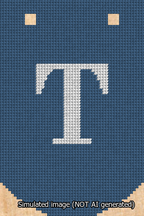 A simulated image of the stitched needlepoint design: Banner 13m Curved T White on Blue. Not A.I. generated.