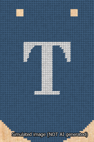 A simulated image of the stitched needlepoint design: Banner 13m Curved T White on Blue. Not A.I. generated.