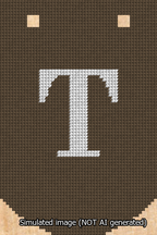 A simulated image of the stitched needlepoint design: Banner 13m Curved T White on Brown. Not A.I. generated.