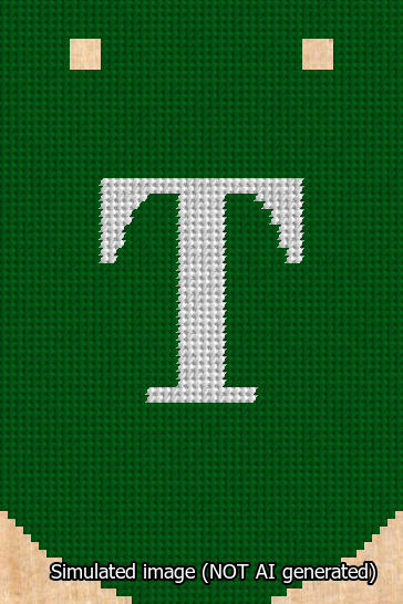 A simulated image of the stitched needlepoint design: Banner 13m Curved T White on Green. Not A.I. generated.