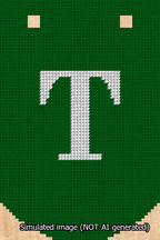 A simulated image of the stitched needlepoint design: Banner 13m Curved T White on Green. Not A.I. generated.