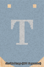 A simulated image of the stitched needlepoint design: Banner 13m Curved T White on Light Blue. Not A.I. generated.
