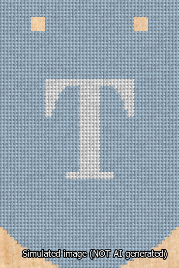 A simulated image of the stitched needlepoint design: Banner 13m Curved T White on Light Blue. Not A.I. generated.