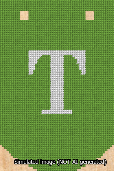 A simulated image of the stitched needlepoint design: Banner 13m Curved T White on Light Green. Not A.I. generated.