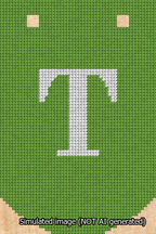 A simulated image of the stitched needlepoint design: Banner 13m Curved T White on Light Green. Not A.I. generated.