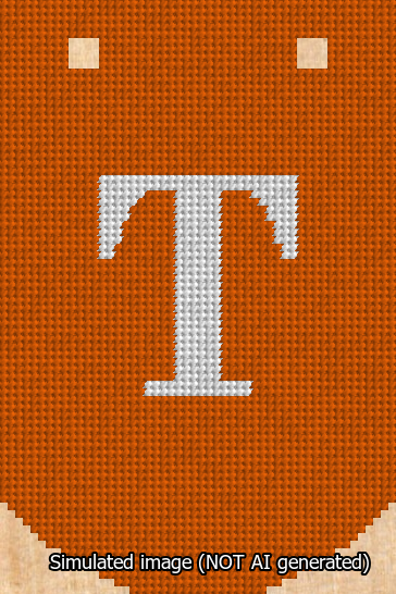 A simulated image of the stitched needlepoint design: Banner 13m Curved T White on Orange. Not A.I. generated.