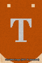 A simulated image of the stitched needlepoint design: Banner 13m Curved T White on Orange. Not A.I. generated.