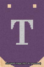 A simulated image of the stitched needlepoint design: Banner 13m Curved T White on Purple. Not A.I. generated.