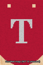 A simulated image of the stitched needlepoint design: Banner 13m Curved T White on Red. Not A.I. generated.